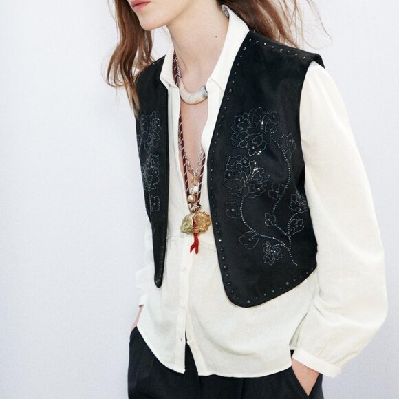 (NWT) Zara - black faux suede floral studded vest - Picture 1 of 10